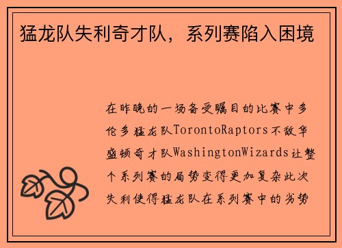 猛龙队失利奇才队，系列赛陷入困境