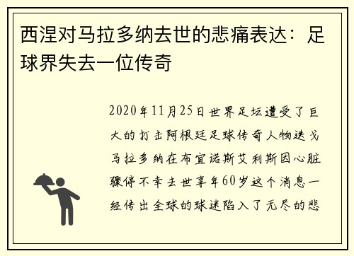 西涅对马拉多纳去世的悲痛表达：足球界失去一位传奇