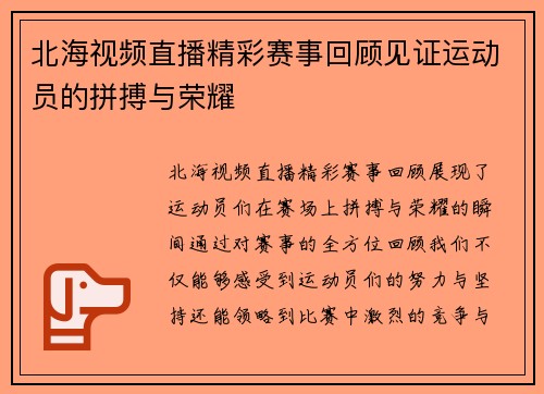 北海视频直播精彩赛事回顾见证运动员的拼搏与荣耀