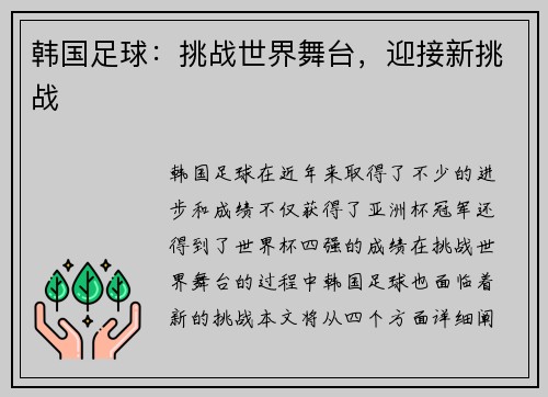 韩国足球：挑战世界舞台，迎接新挑战